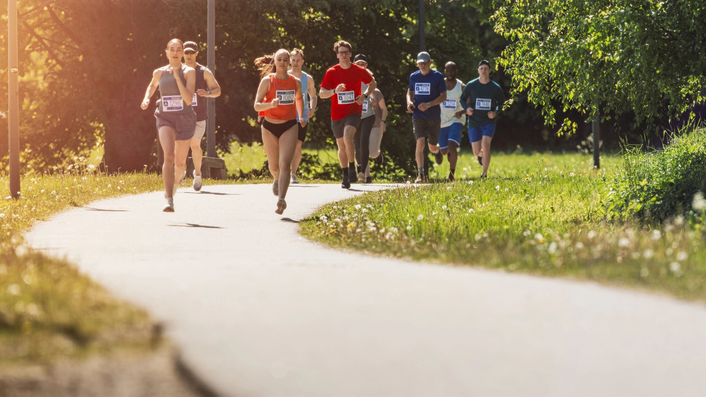 Group of runners on a road during a morning race