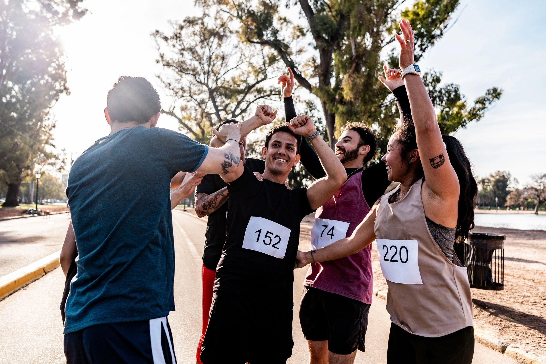 Friends celebrating after a running event
